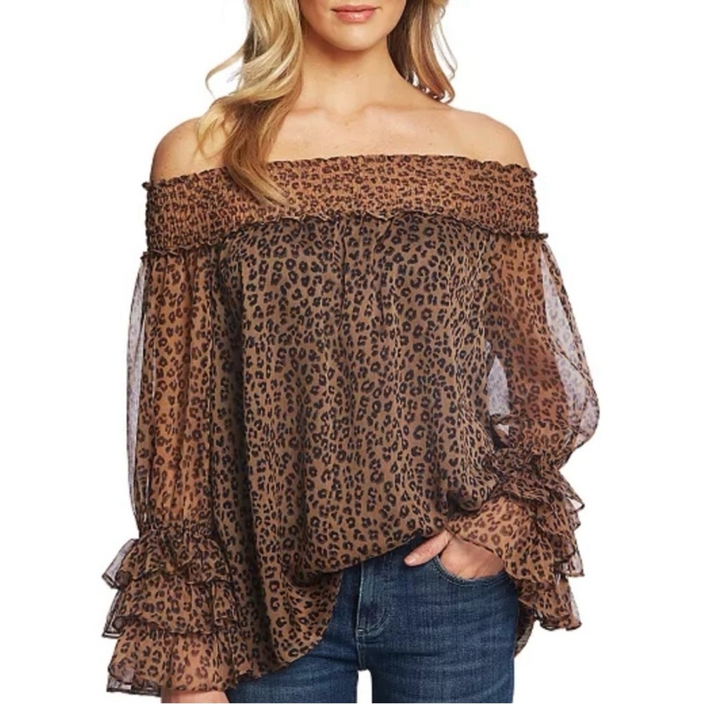 CeCe Brown Leopard Off-Shoulder Blouse